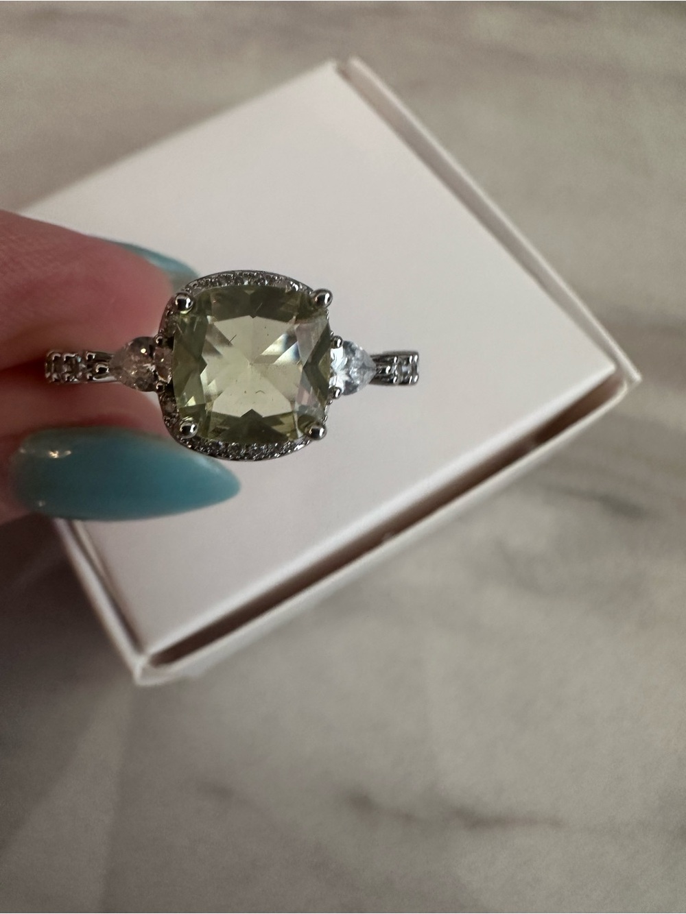 Cushion-Cut Lab Created Pale Peridot Yellow-Green Halo Ring Silver 11